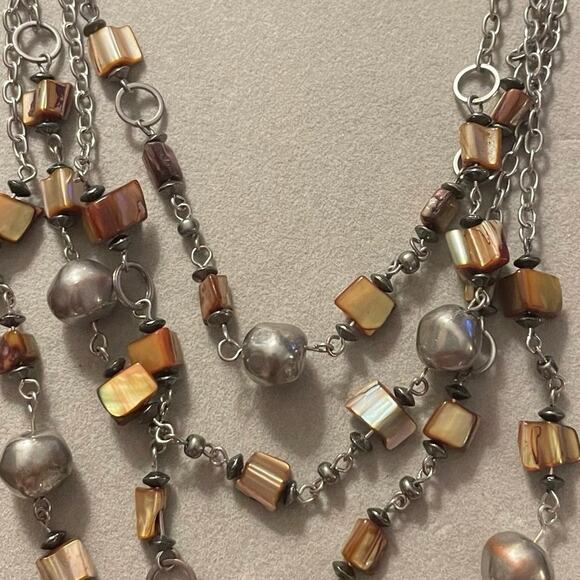 Iridescent Station Beads Layered Silver Tone Necklace - Picture 2 of 2